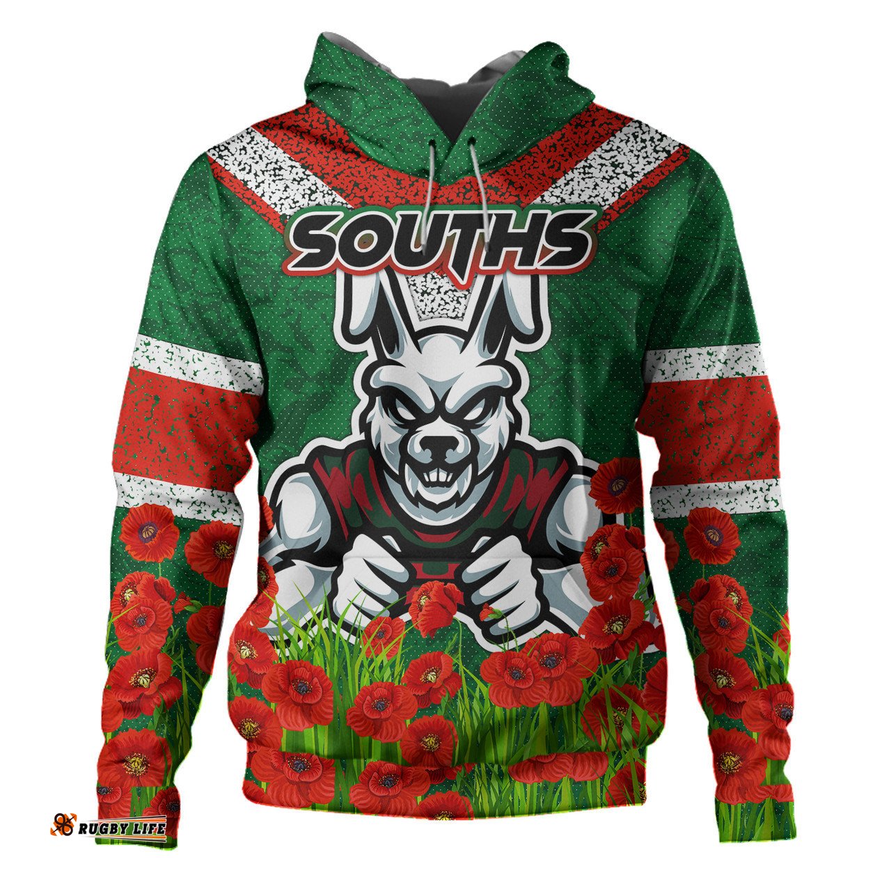 south sydney rabbitohs hoodie - custom souths with anzac poppy hoodie