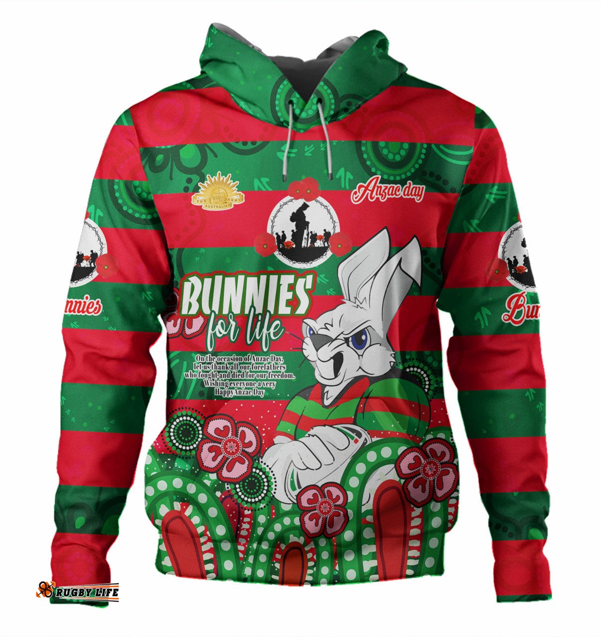 south sydney rabbitohs day custom hoodie - bunnies for life anzac quotes hoodie