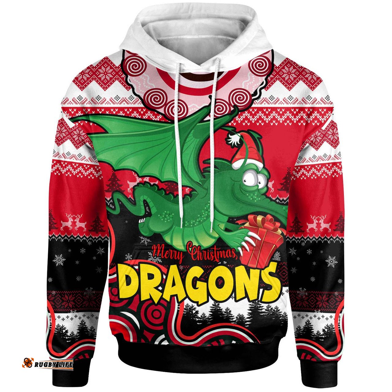 st. george illawarra dragons christmas hoodie - custom dragon aboriginal inspired xmas hoodie