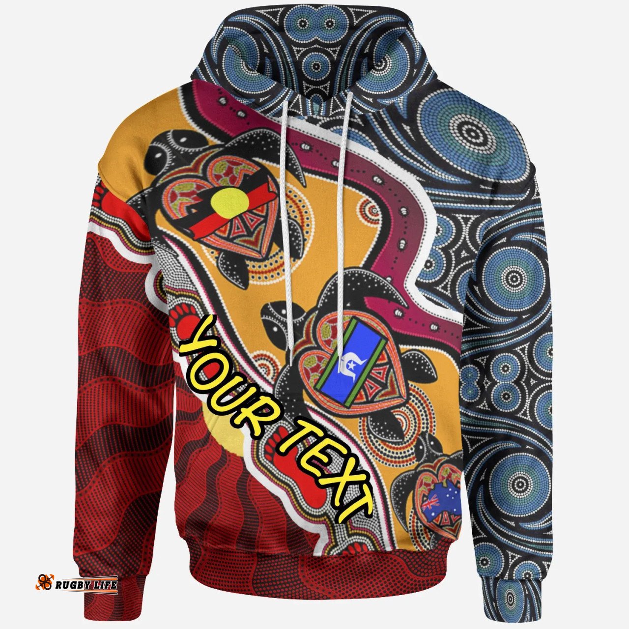 Custom australia hoodie - australia aboriginal inspired dots with turtle and naidoc flags