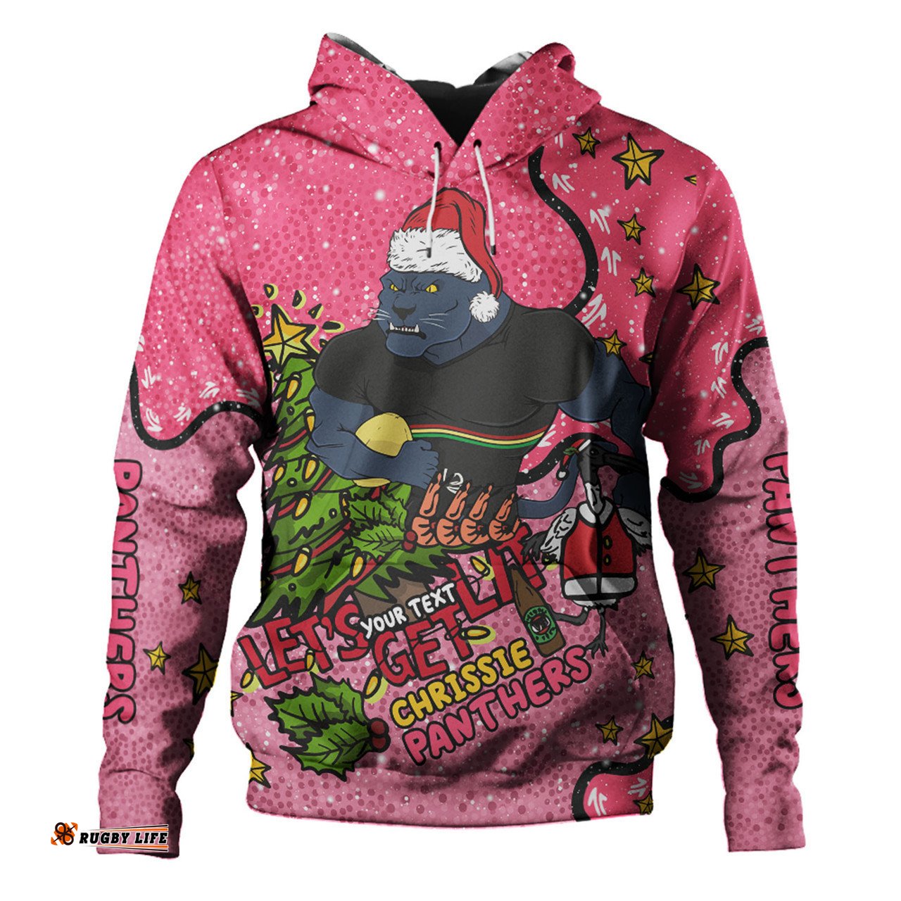penrith panthers christmas custom hoodie - let's get lit chrisse pressie pink hoodie