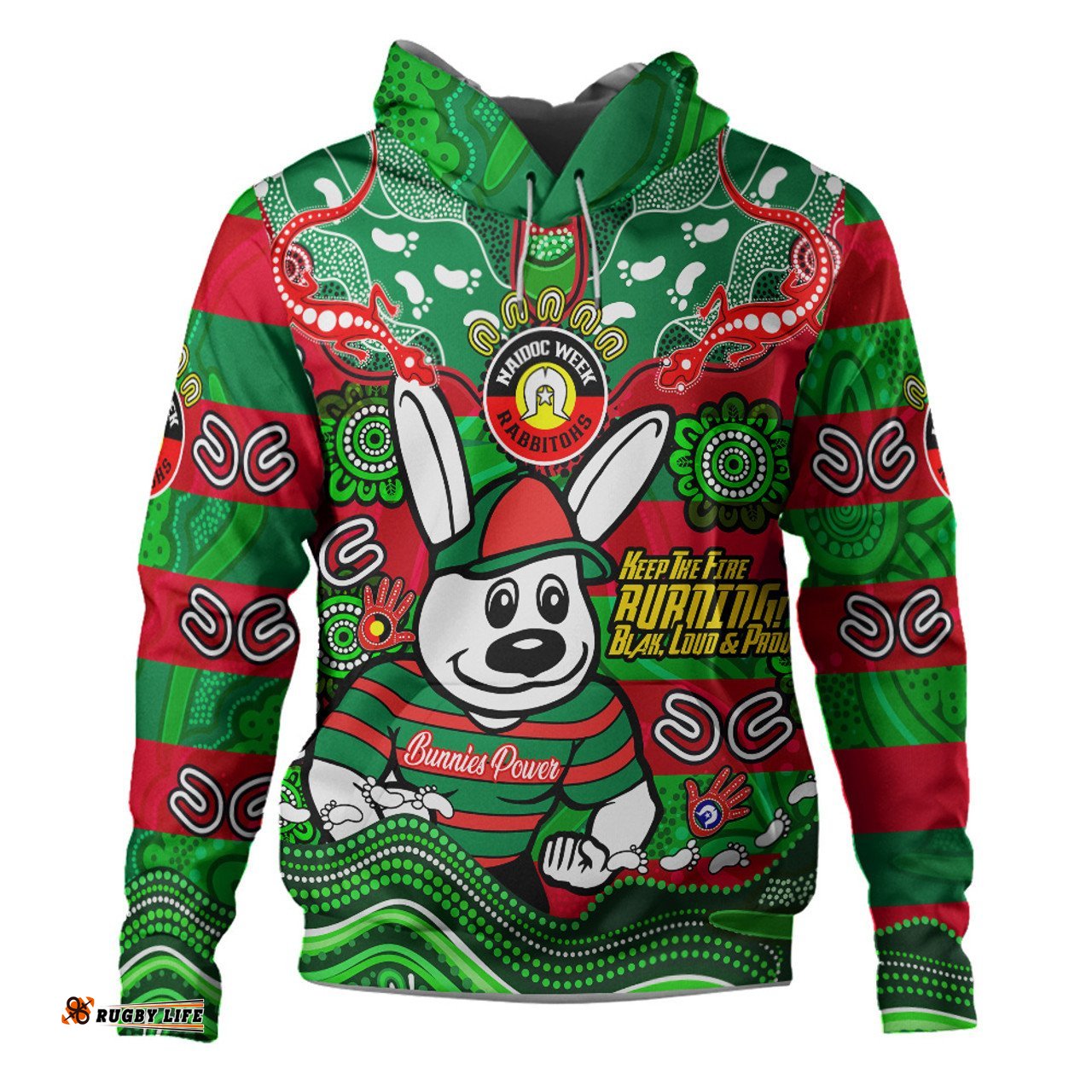 south sydney rabbitohs hoodie custom naidoc keep the fire burning! blak, loud & proud home jersey