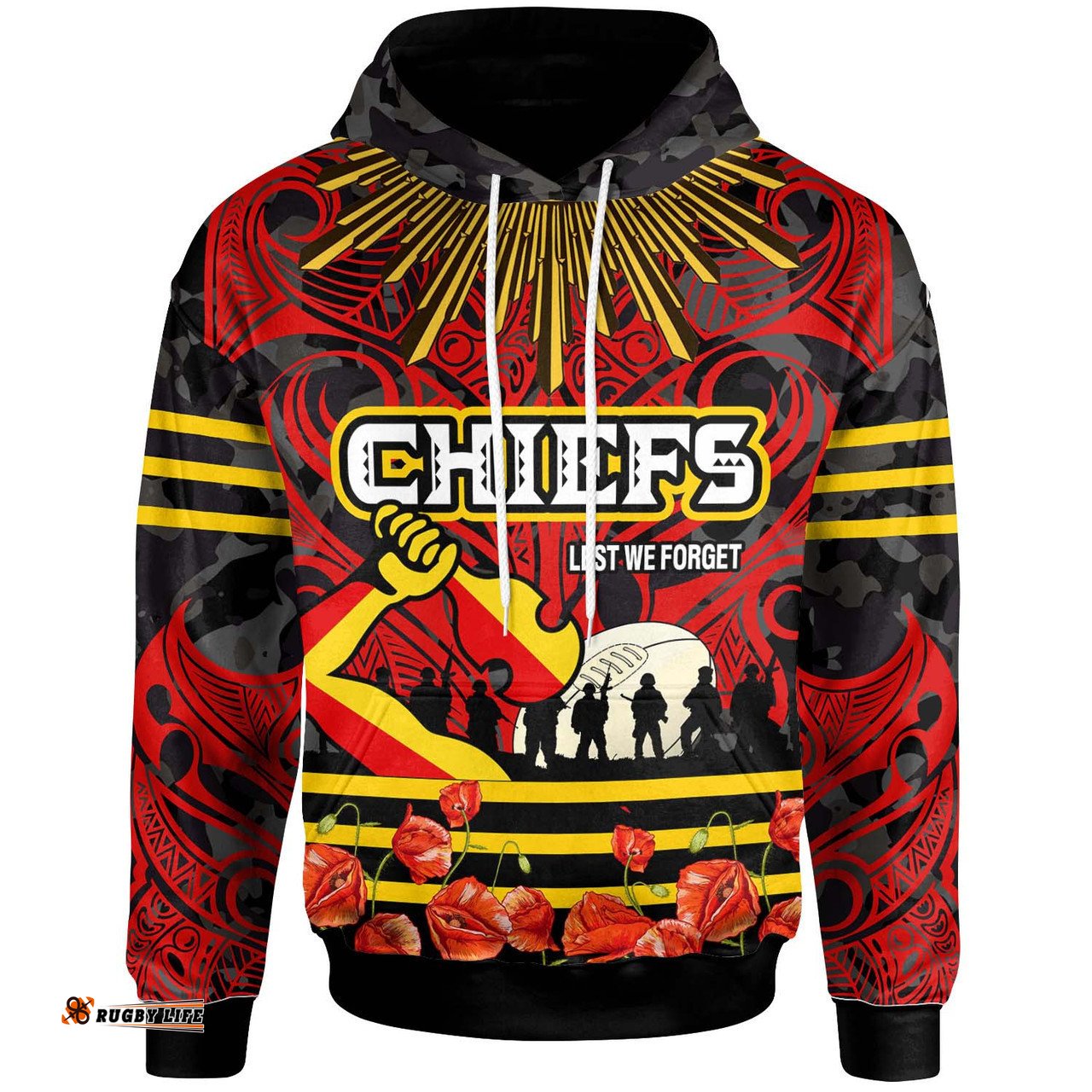 waikato chiefs rugby hoodie - anzac day waikato chiefs maori pattern with poppy flowers hoodie