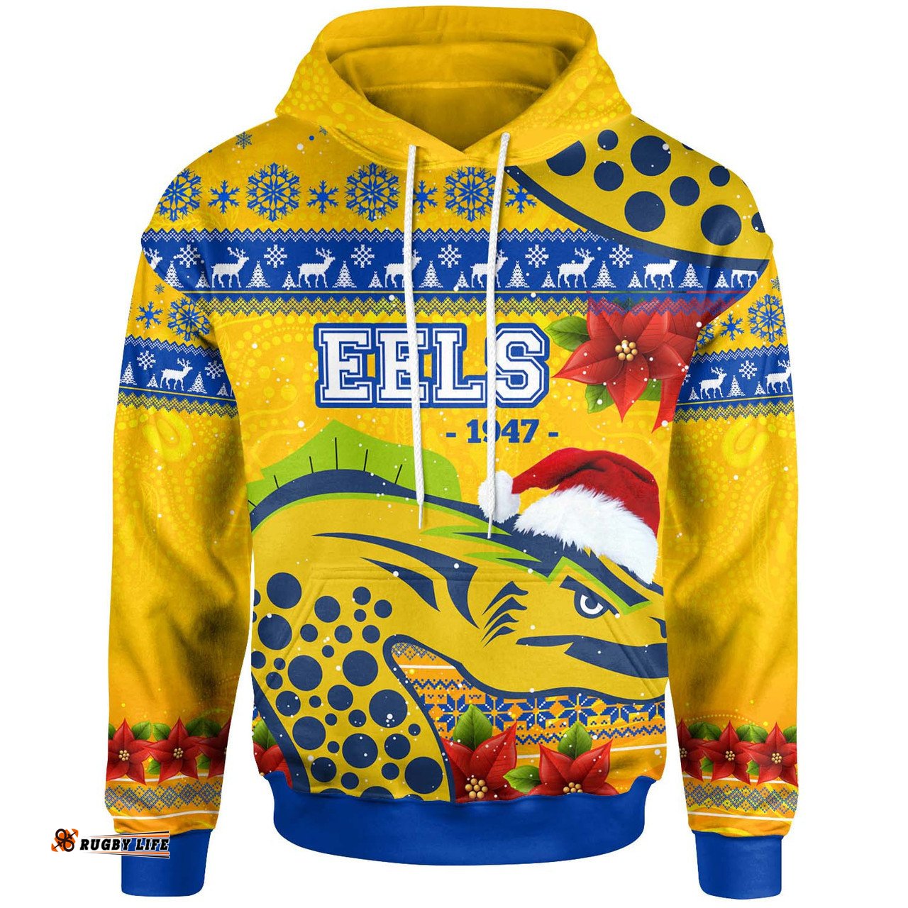 parramatta eels christmas hoodie - custom parramatta eels aboriginal inspired and poinsettia xmas hoodie