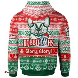 south sydney rabbitohs hoodie - custom rabbitohs glory, glory! knitted christmas hoodie