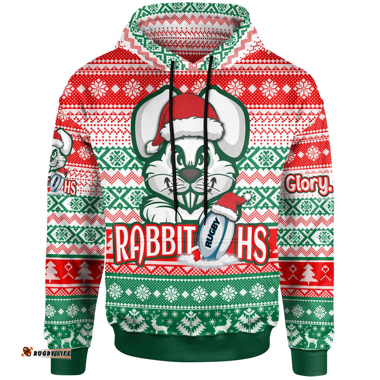 south sydney rabbitohs hoodie - custom rabbitohs glory, glory! knitted christmas hoodie