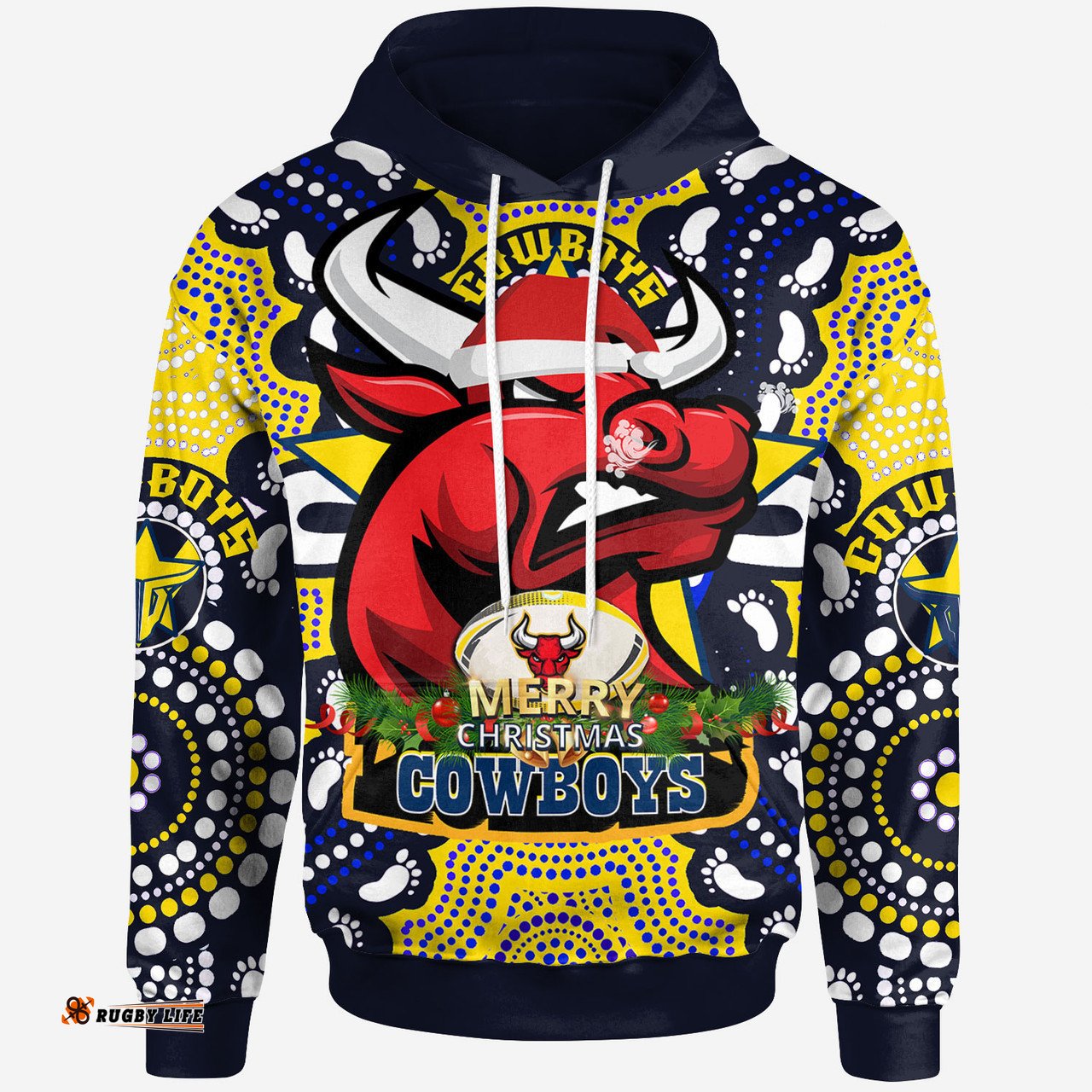 north queensland cowboys christmas hoodie - custom merry christmas north queensland cowboys with dot art painting footprints
