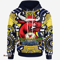 north queensland cowboys christmas hoodie - custom merry christmas north queensland cowboys with dot art painting footprints