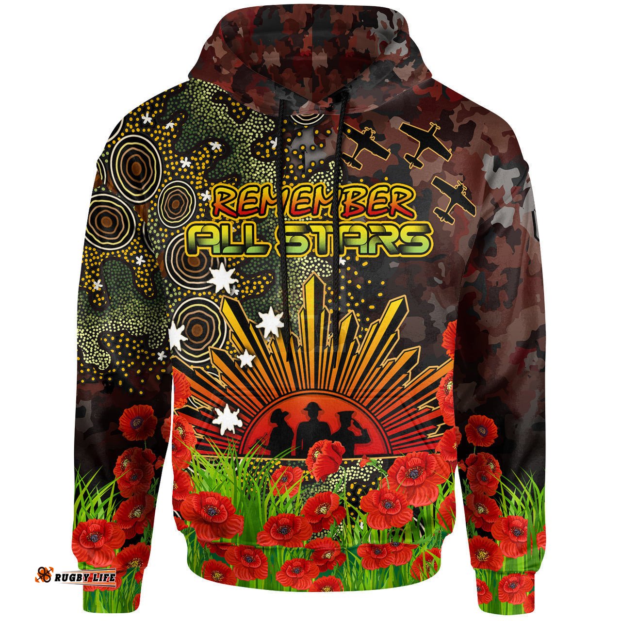 all stars rugby hoodie custom anzac all stars with remembrance poppy and indigenous patterns hoodie