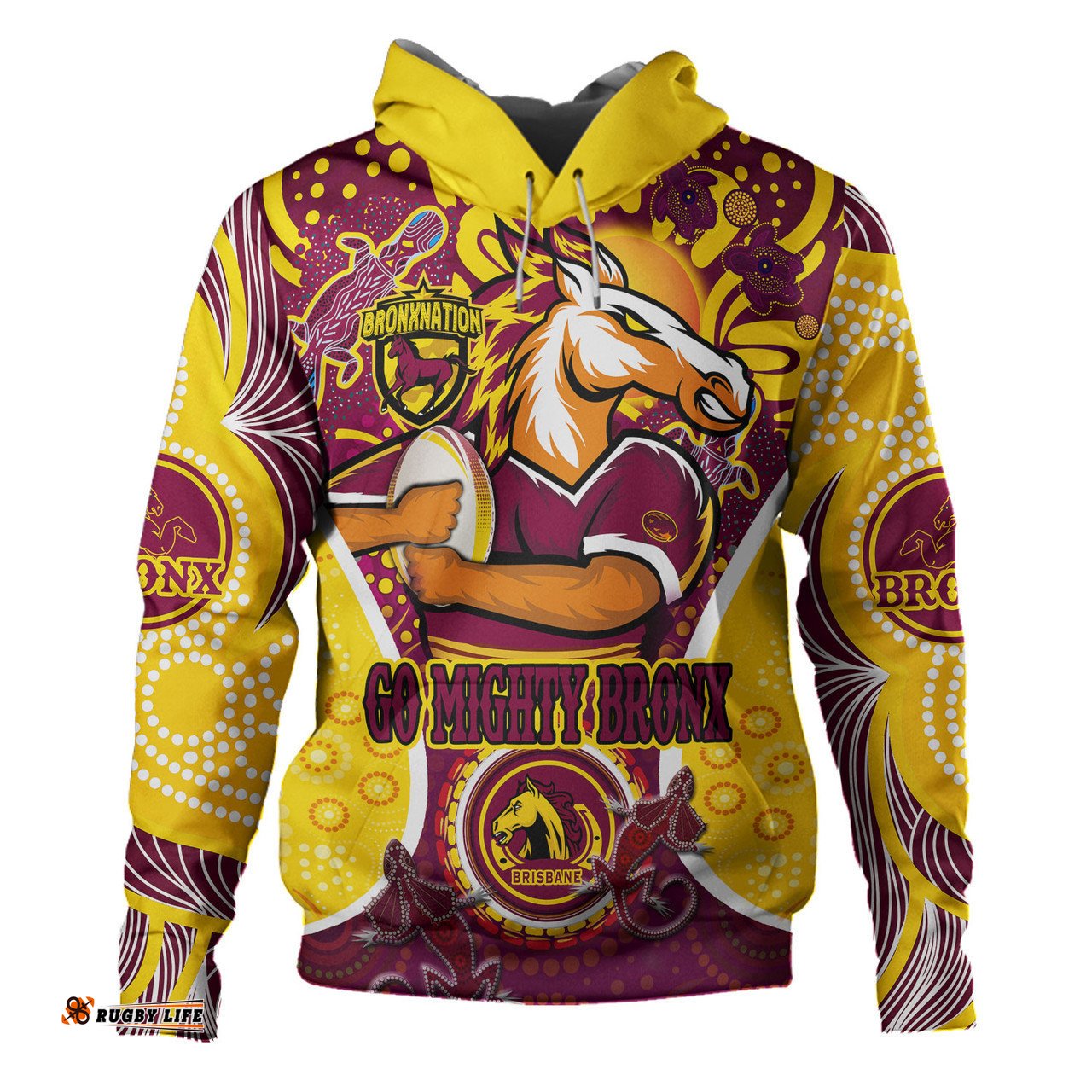 brisbane broncos custom hoodie - go mighty broncos indigenous art personalised player name and number hoodie