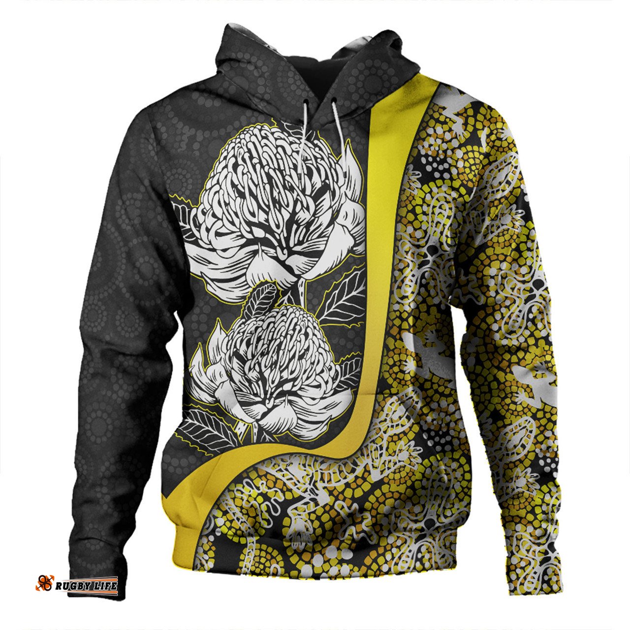australia  warratah goanna aboriginal hoodie - waratah flowers with yellow lizards, stones, sand dot art painting inspired hoodie