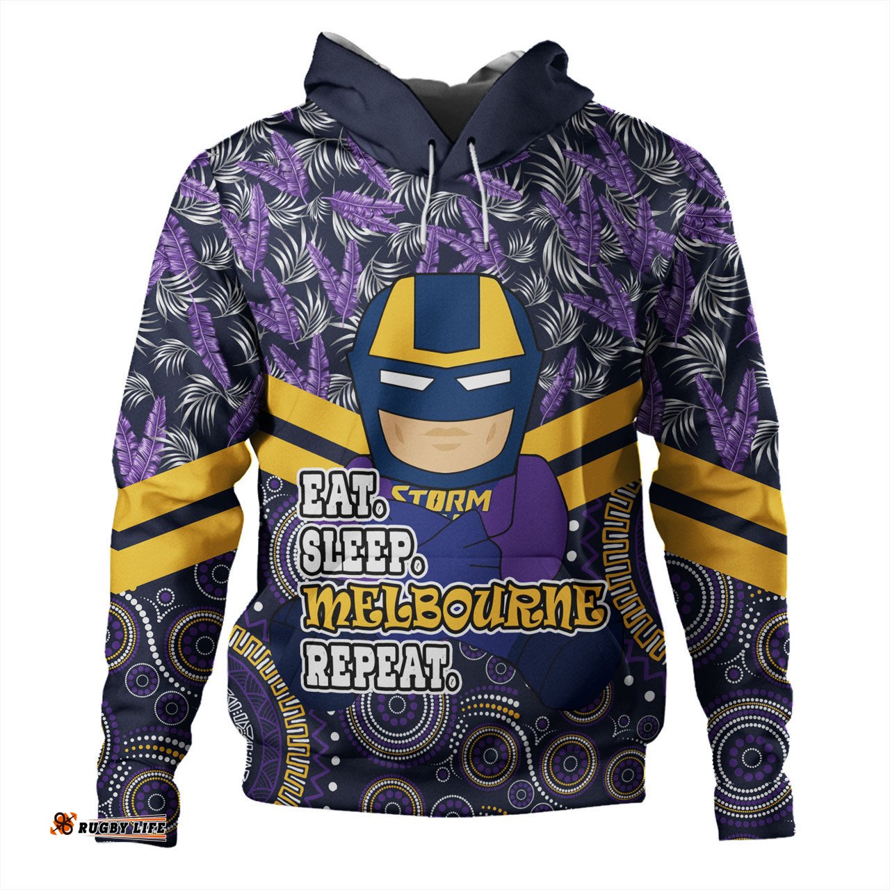 melbourne storm hoodie - tropical patterns and dot painting eat sleep rugby repeat