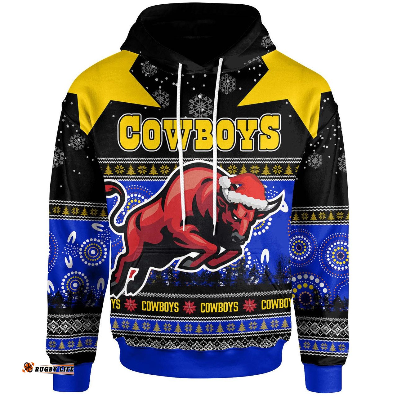 north queensland cowboys christmas hoodie - custom north queensland cowboys ugly christmas and aboriginal inspired patterns hoodie