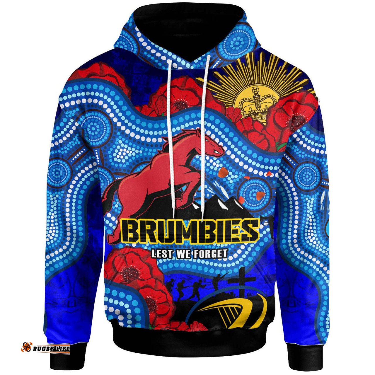 brumbies rugby hoodie - custom anzac day brumbies aboriginal inspired pattern with horse and poppy flower