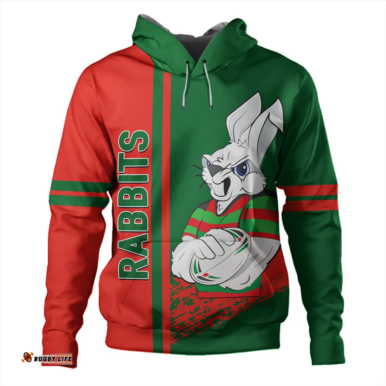 south sydney rabbitohs hoodie - rabbits mascot quater style