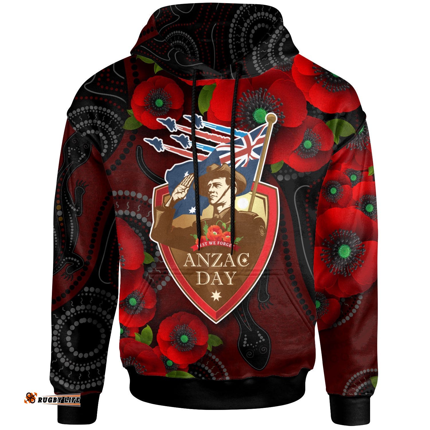 australia anzac day hoodie aboriginal inspired art background with lizard poppy flowers