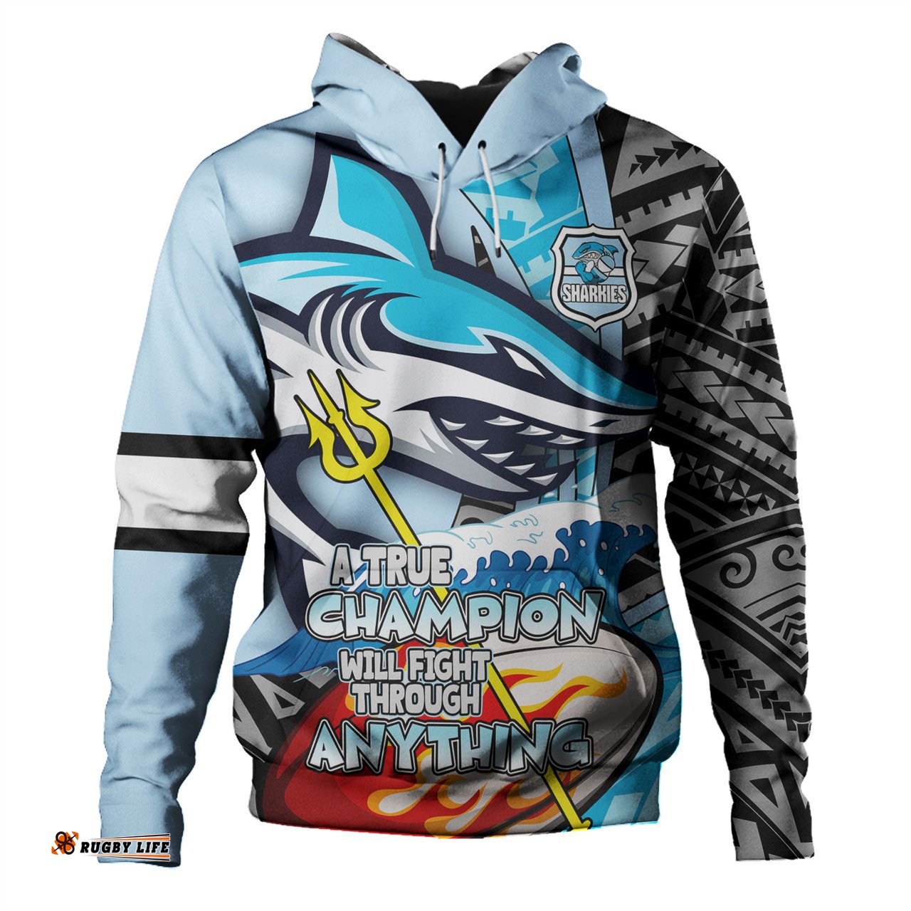 cronulla-sutherland sharks grand final hoodie - a true champion will fight through anything with polynesian patterns