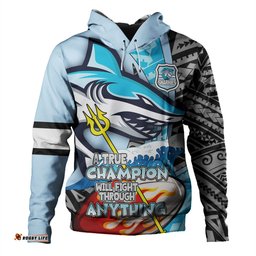 cronulla-sutherland sharks grand final hoodie - a true champion will fight through anything with polynesian patterns