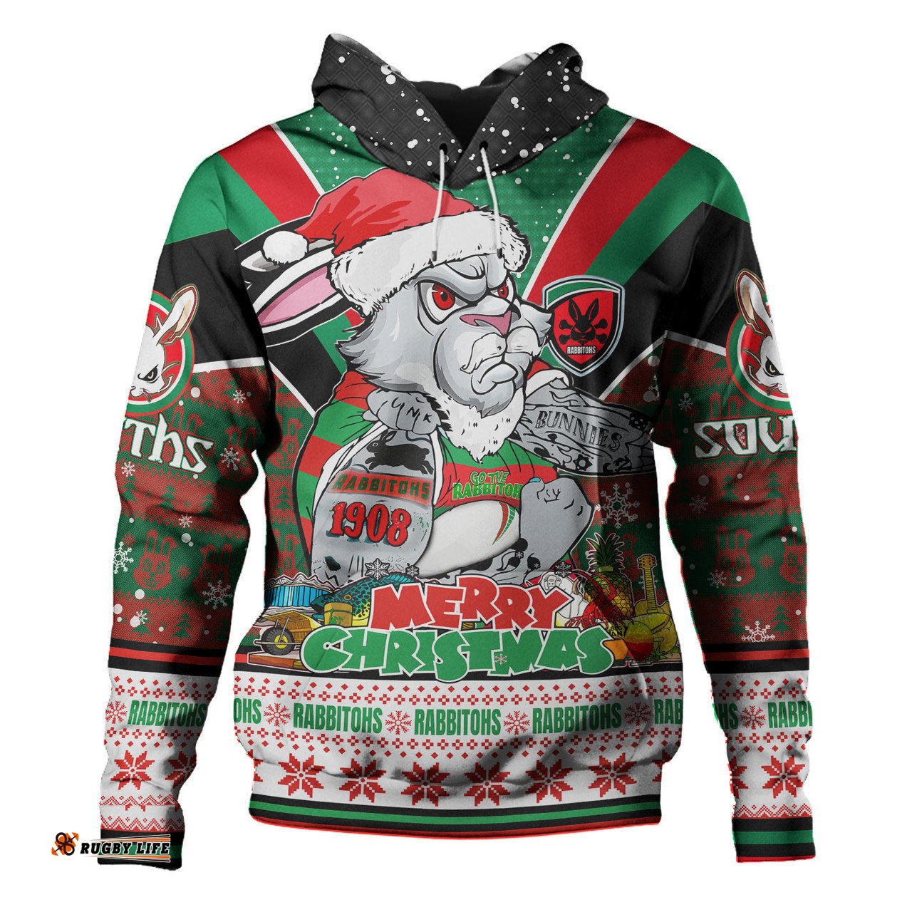 south sydney rabbitohs custom hoodie - south sydney rabbitohs santa aussie big things hoodie