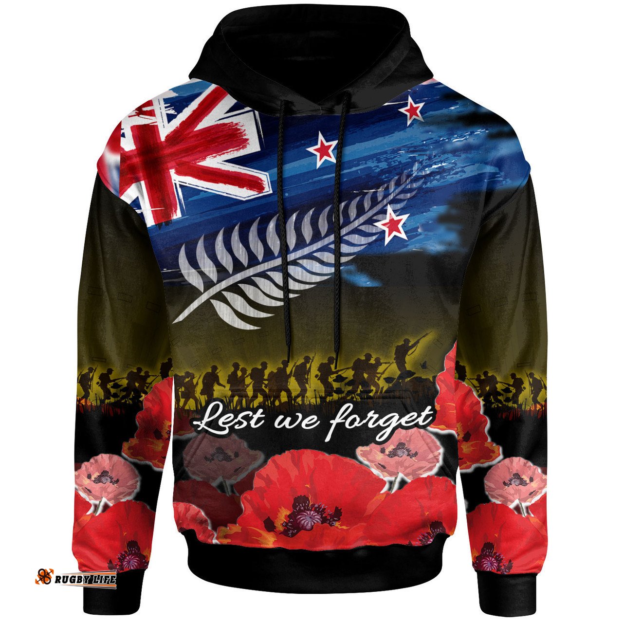 new zealand warriors anzac day hoodie - soldier with poppies flowers