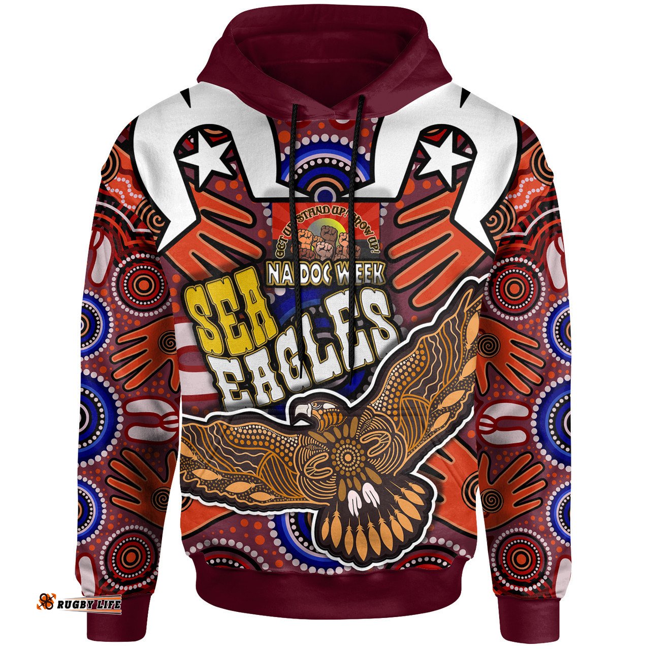 australia sea eagles hoodie - custom naidoc week eagle aboriginal inspired dot artwork ''get up, stand up, show up'' aboriginal inspired culture hoodie