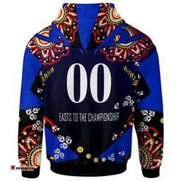 sydney roosters hoodie - custom personalised sydney roosters "easts to championship" aboriginal inspired player and number hoodie