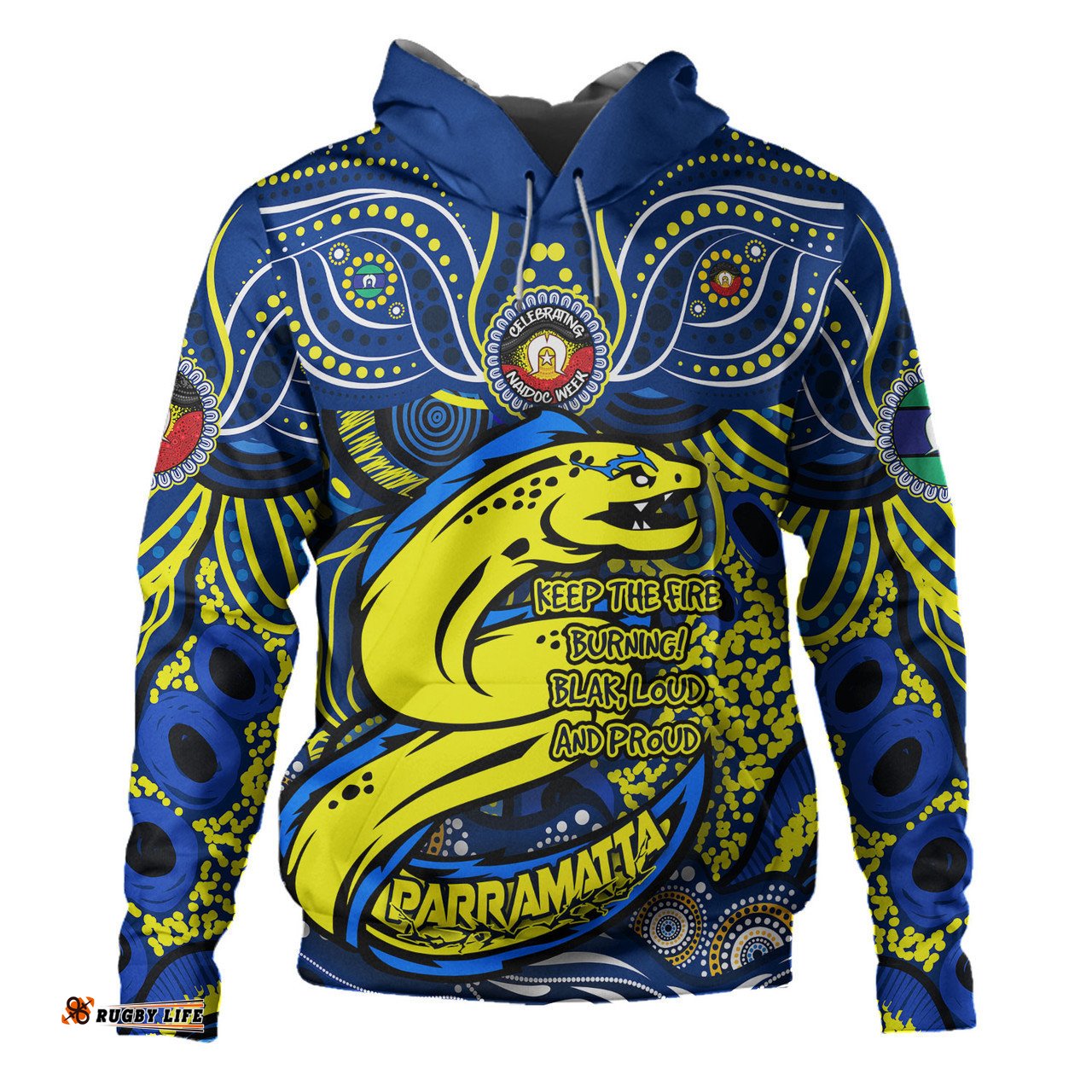 parramatta eels hoodie celebrating naidoc week 2024 aboriginal dot art inspired