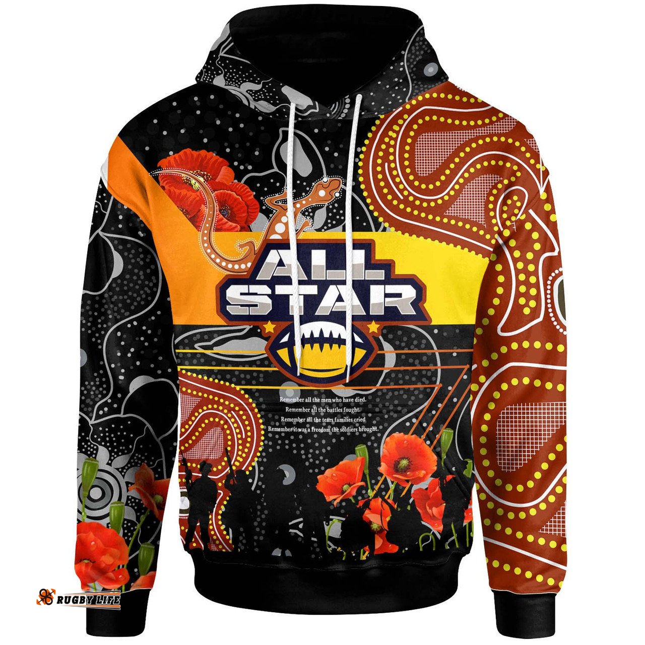 all stars rugby hoodie - anzac day quotes all stars  aboriginal inspired poppy indigenous hoodie