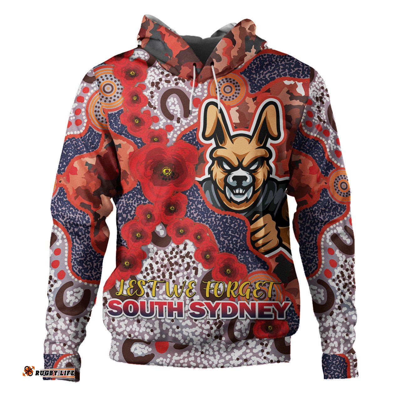 south sydney rabbitohs hoodie - custom anzac souths with aboriginal inspired poppy flowers hoodie