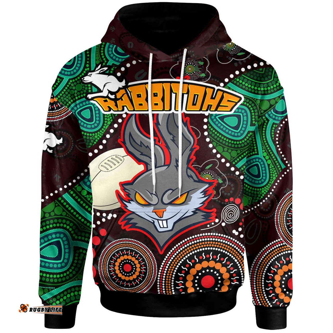 south sydney rabbitohs hoodie - south sydney rabbitohs team of decade aboriginal inspired dot painting style