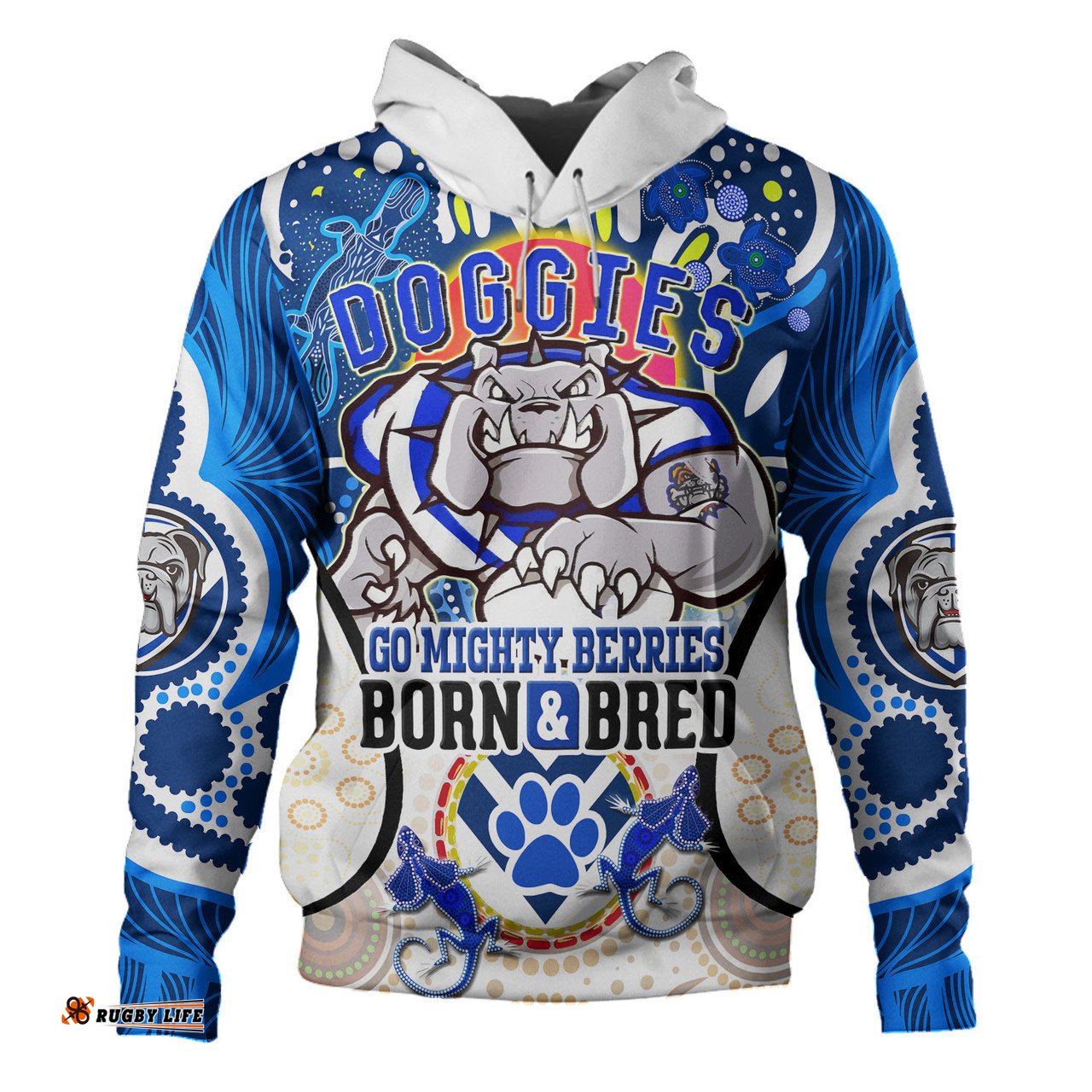 canterbury-bankstown bulldogs custom hoodie - go mighty berries personalized name and number indigenous hoodie