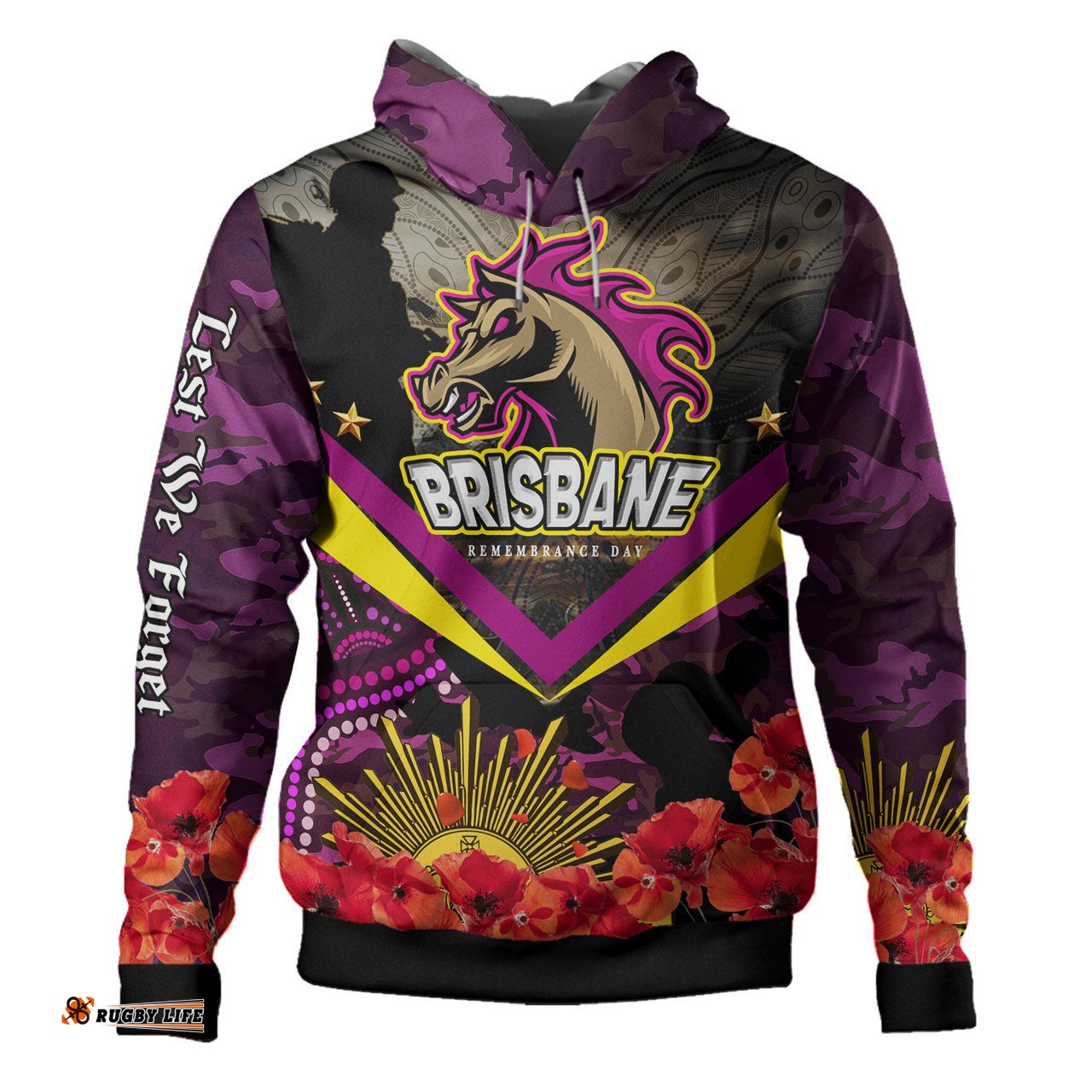 brisbane broncos anzac custom hoodie - remembrance anzac day broncos aboriginal inspired hoodie