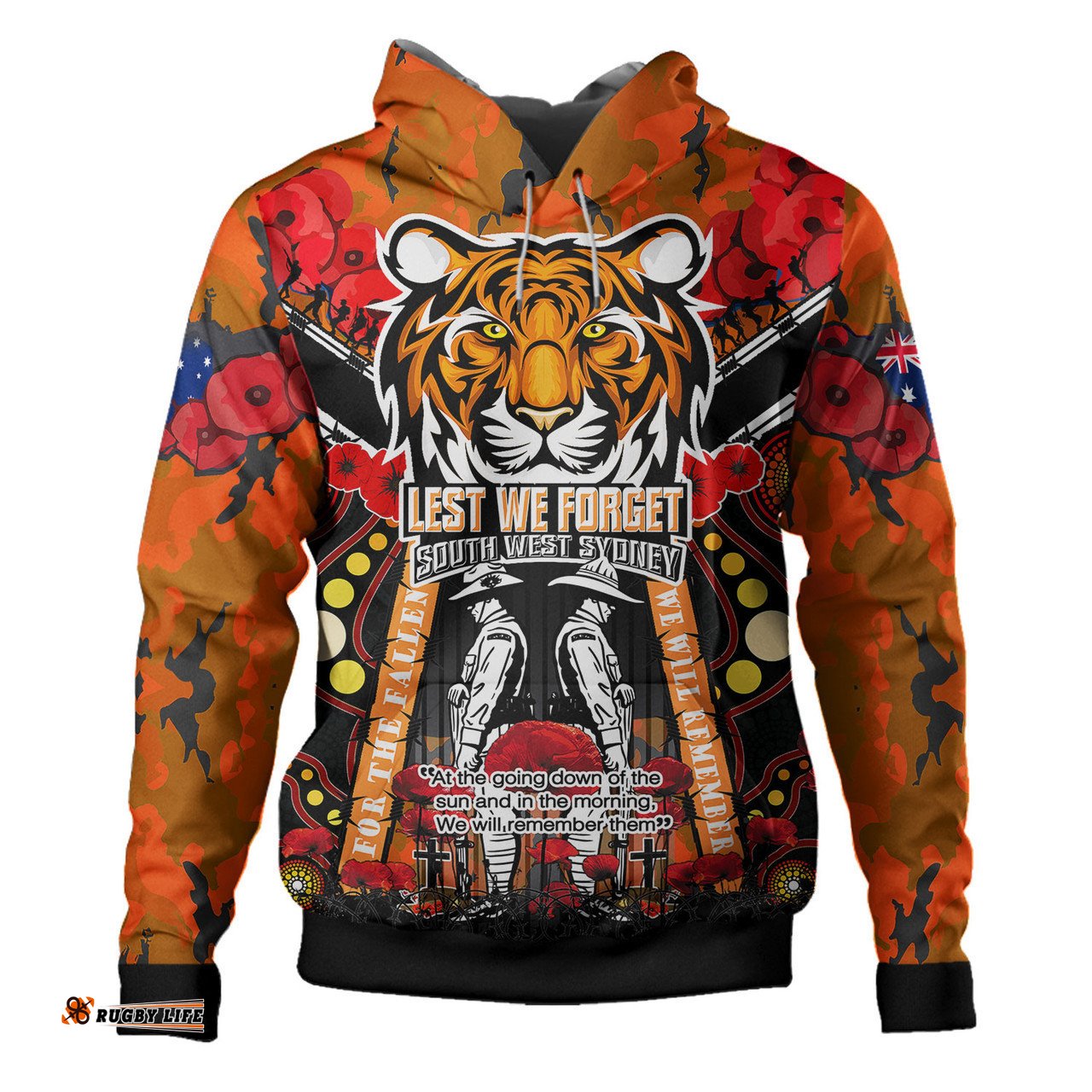 wests tigers anzac custom hoodie - remembrance wests tigers anzac day with poppy flower