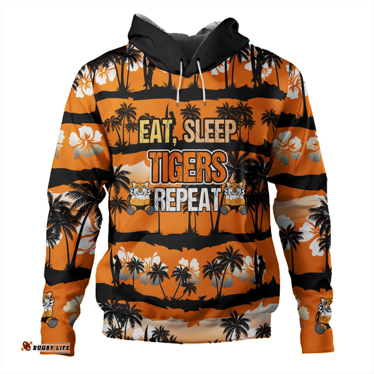 wests tigers hoodie - eat sleep repeat with tropical patterns