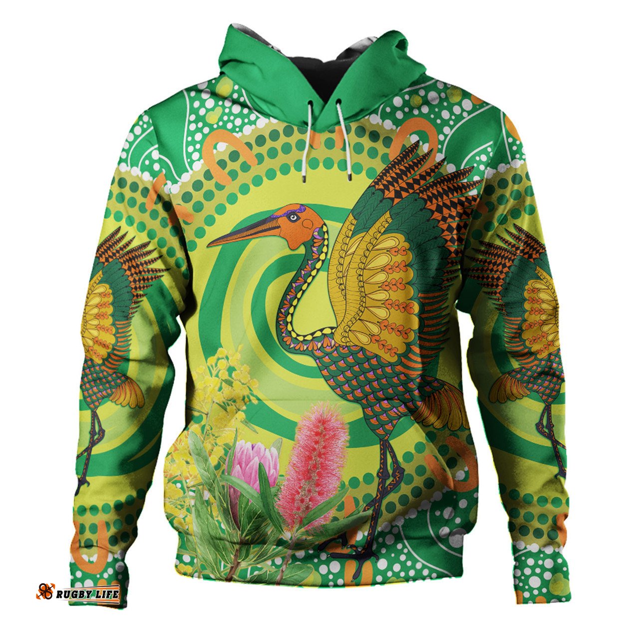 australia aboriginal hoodie - brolga bird dancing with australia native flowers v2 hoodie