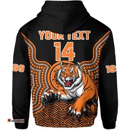 custom text and number wests tigers rugby hoodie indigenous black artsy