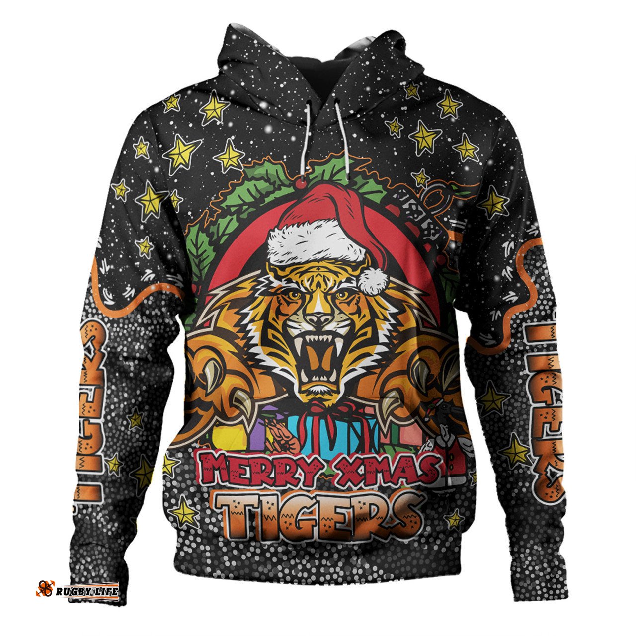 wests tigers christmas custom hoodie - merry christmas our beloved team with aboriginal dot art pattern hoodie