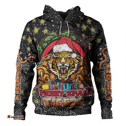 wests tigers christmas custom hoodie - merry christmas our beloved team with aboriginal dot art pattern hoodie