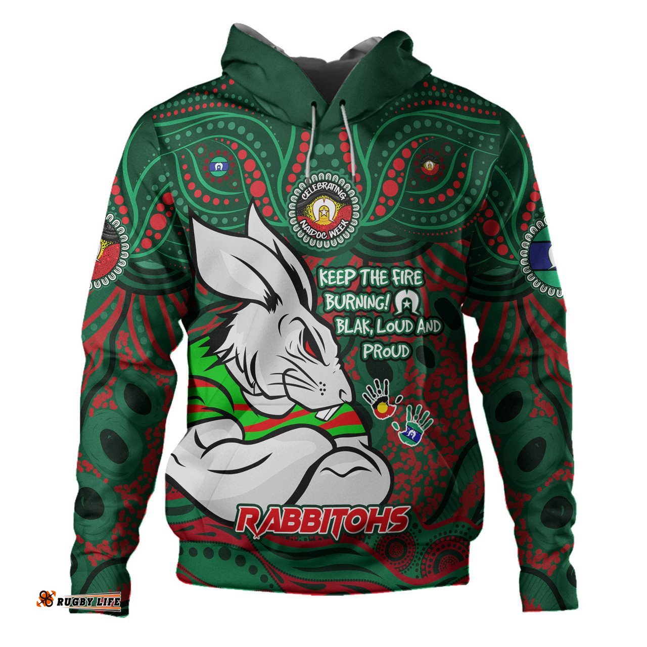 south sydney rabbitohs hoodie celebrating naidoc week 2024 aboriginal dot art inspired
