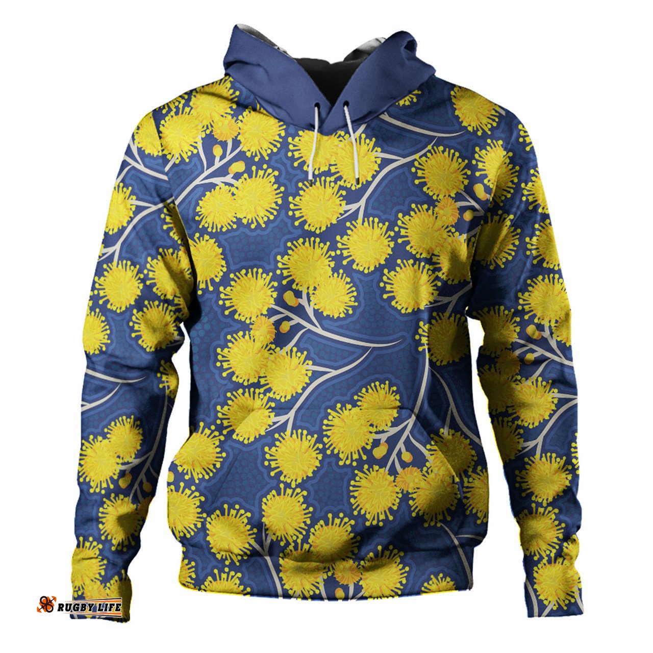 australia flowers aboriginal hoodie - yellow wattle flowers with aboriginal dot art hoodie