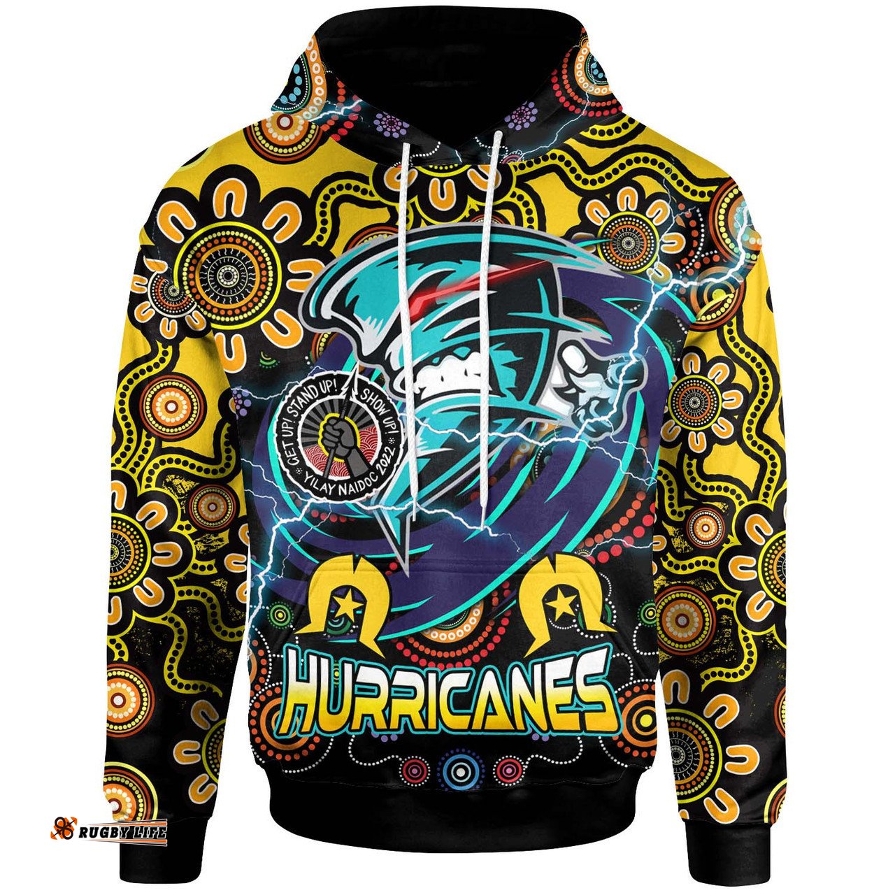 wellington hurricanes rugby hoodie - naidoc week wellington hurricanes with aboriginal inspired indigenous "get up! stand up! show up!" hoodie