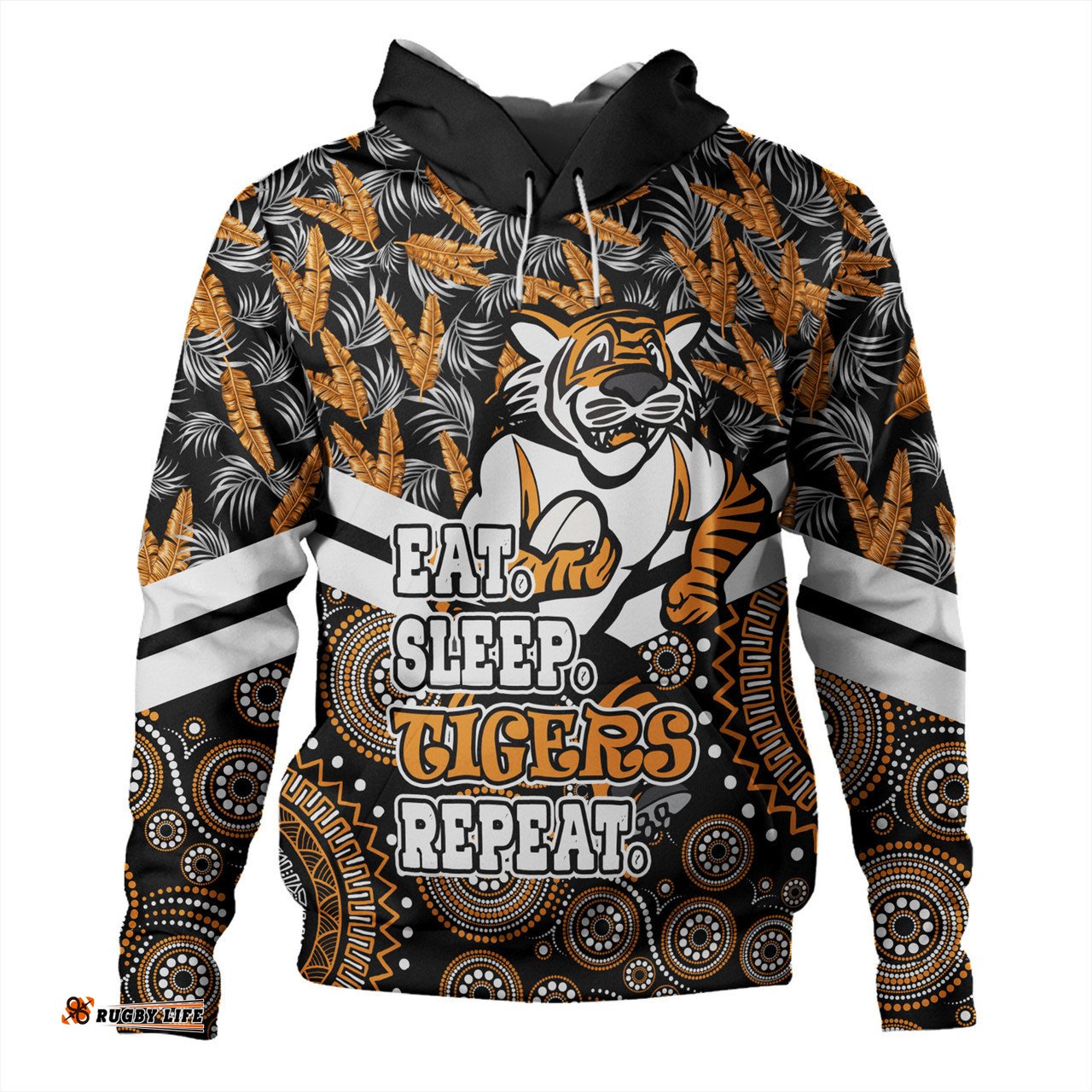 wests tigers hoodie - tropical patterns and dot painting eat sleep rugby repeat