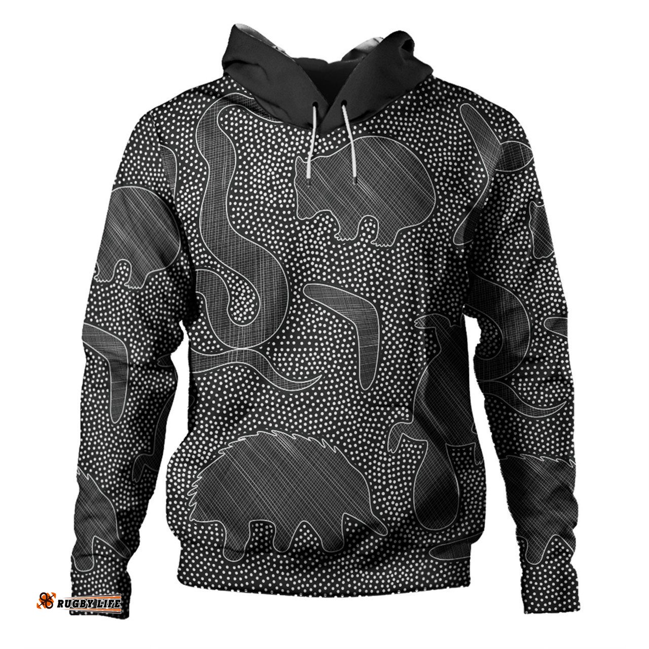 australia dot painting inspired aboriginal hoodie - aboriginal dot grey art with animals hoodie