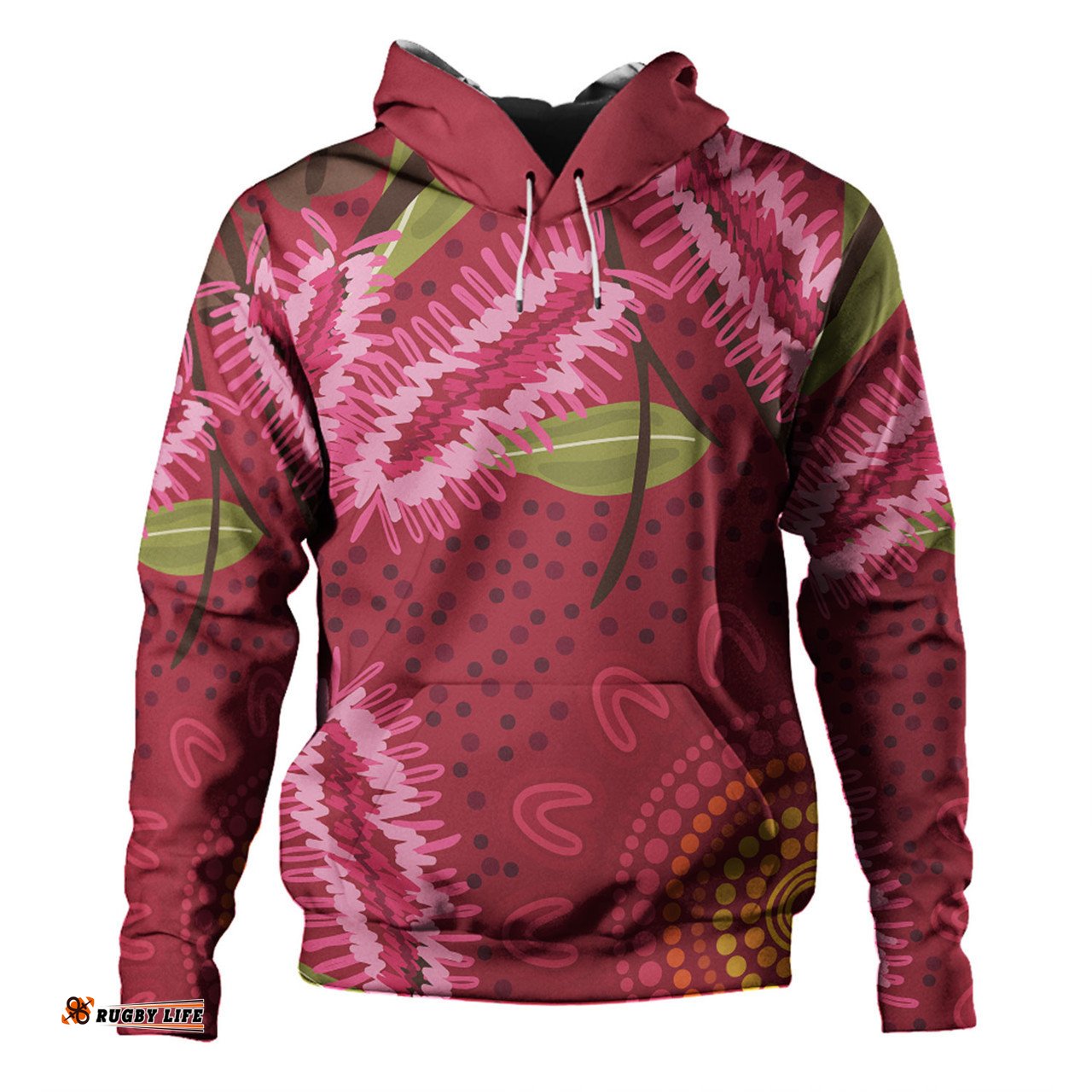 australia flowers aboriginal hoodie - pink bottle brush flora in indigenous painting hoodie