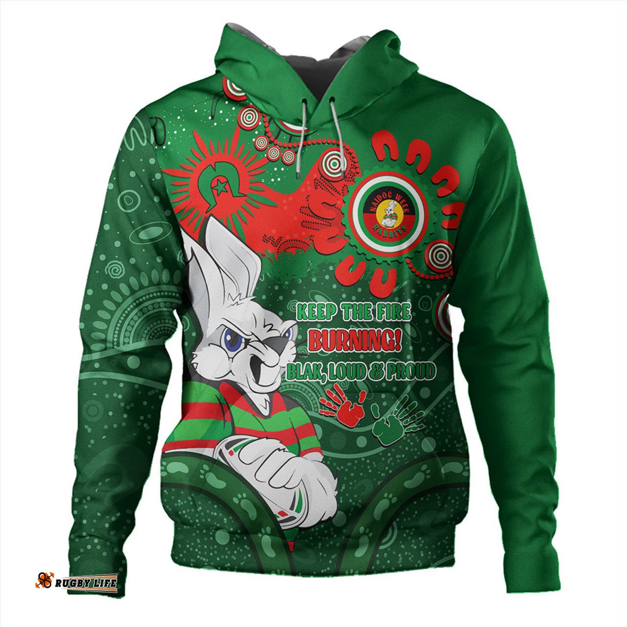 south sydney rabbitohs hoodie aboriginal indigenous naidoc week dreamtime dot painting with flag