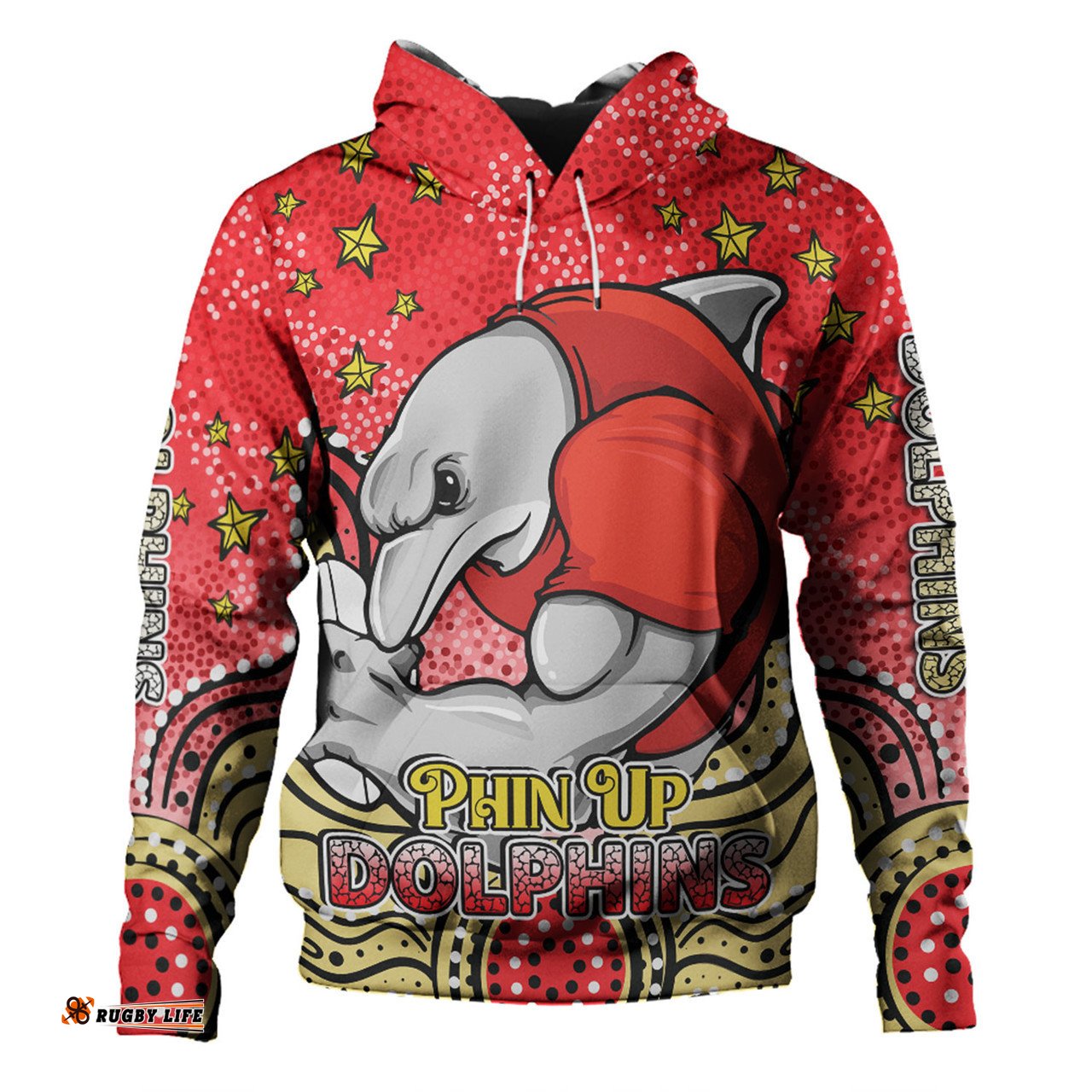 redcliffe dolphins custom hoodie - custom with aboriginal inspired style of dot painting patterns  hoodie