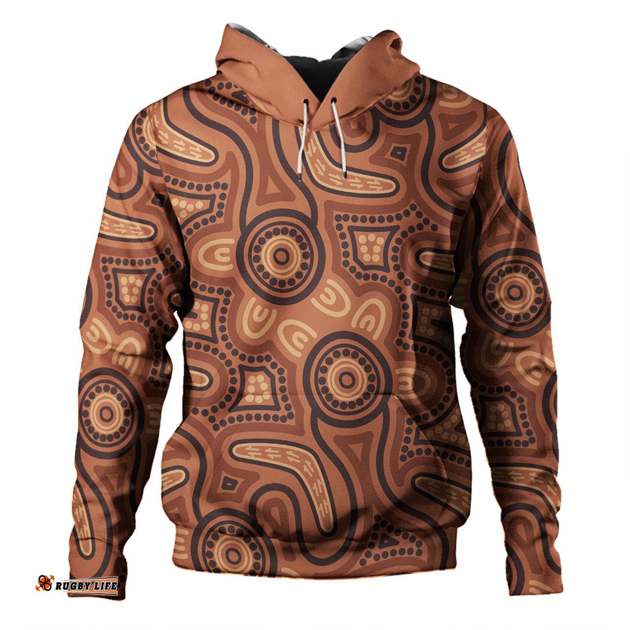 australia dot painting inspired aboriginal hoodie - brown aboriginal australian art with boomerang hoodie