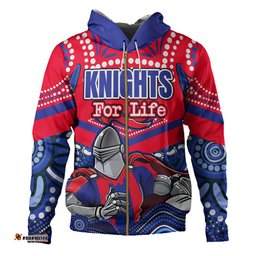 newcastle knights custom hoodie - knights for life with aboriginal style hoodie