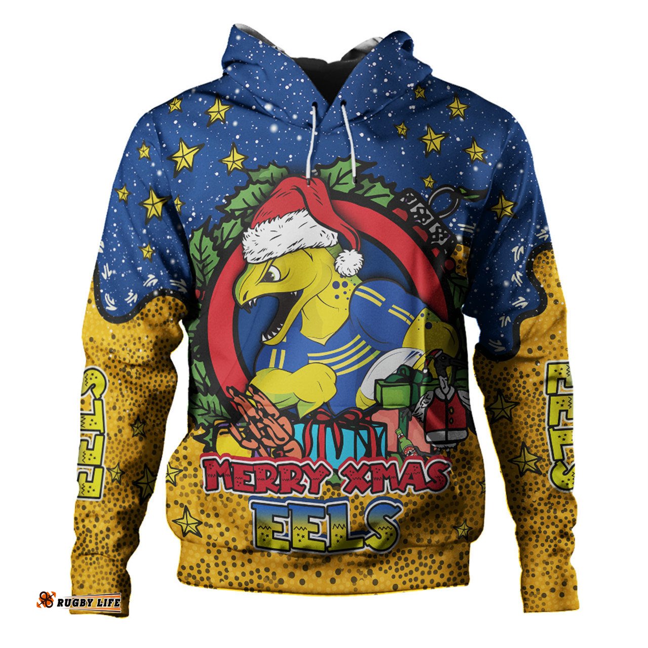 parramatta eels christmas custom hoodie - merry christmas our beloved team with aboriginal dot art pattern hoodie