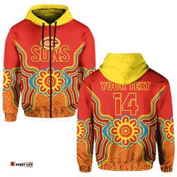 custom text and number gold coast football hoodie suns indigenous pattern